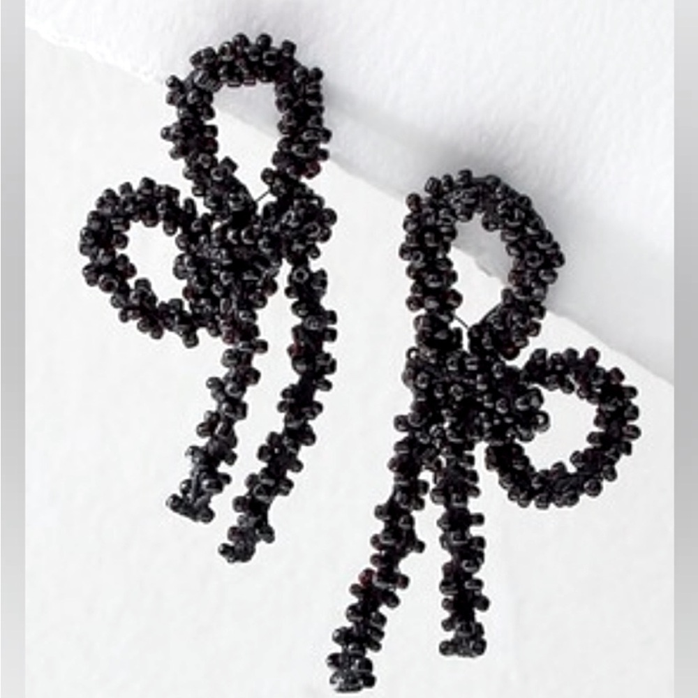 Free People Brandy Bo Dangles Beaded Bow Earrings In Black NWT